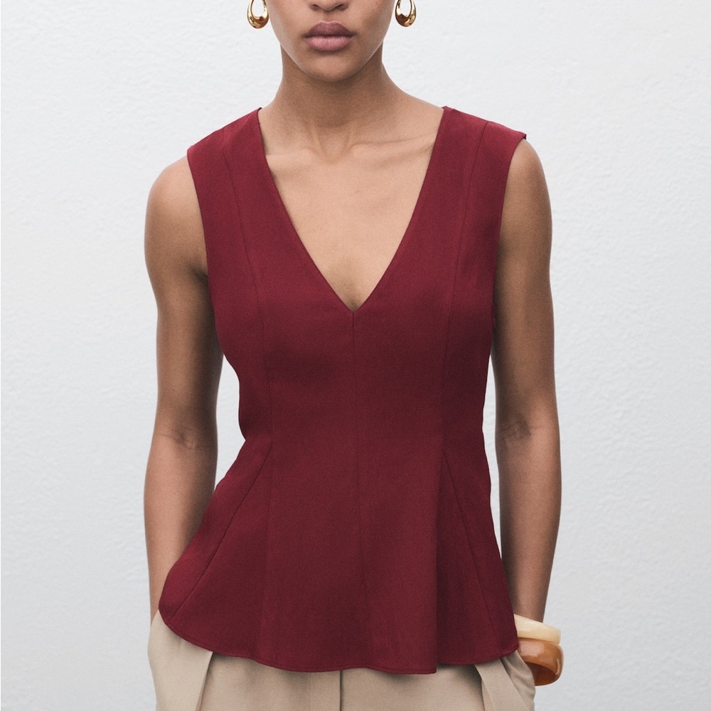 Mango TOP PEPLUM LYOCELL Deep Red V-Neck Blouse Small NWT
